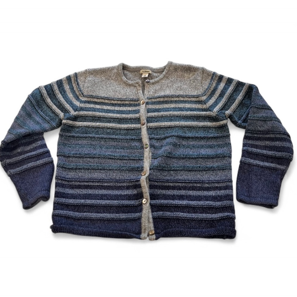 L.L. Bean striped ombré cotton knit button-front cardigan - Picture 2 of 5
